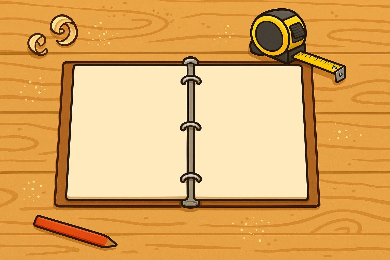 Mr. Spinozzi's woodshop binder of past projects lying open on a pine workbench, with a tape measure, a pencil and wood shavings around it